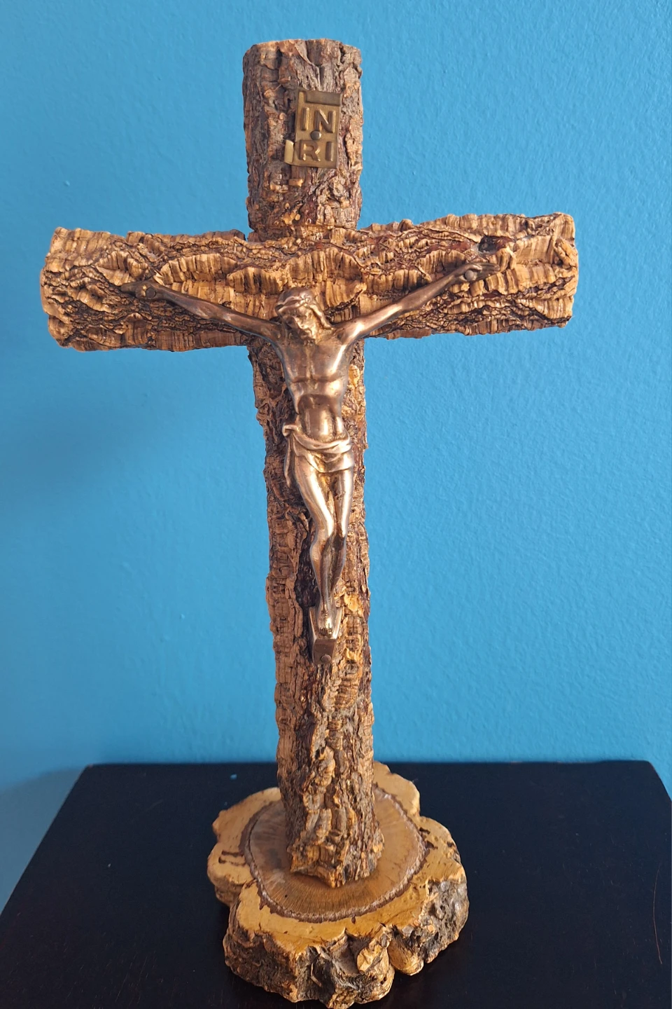 Vintage Tabletop Cork Bark Wood Cross Crucifix