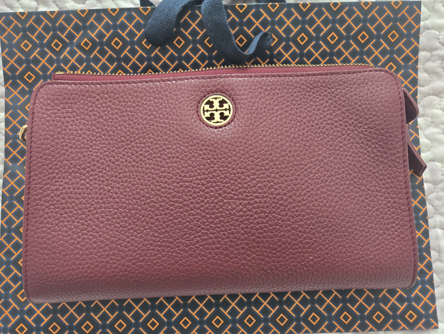 Tory Burch Burgundy Pebbled Leather Crossbody Wallet