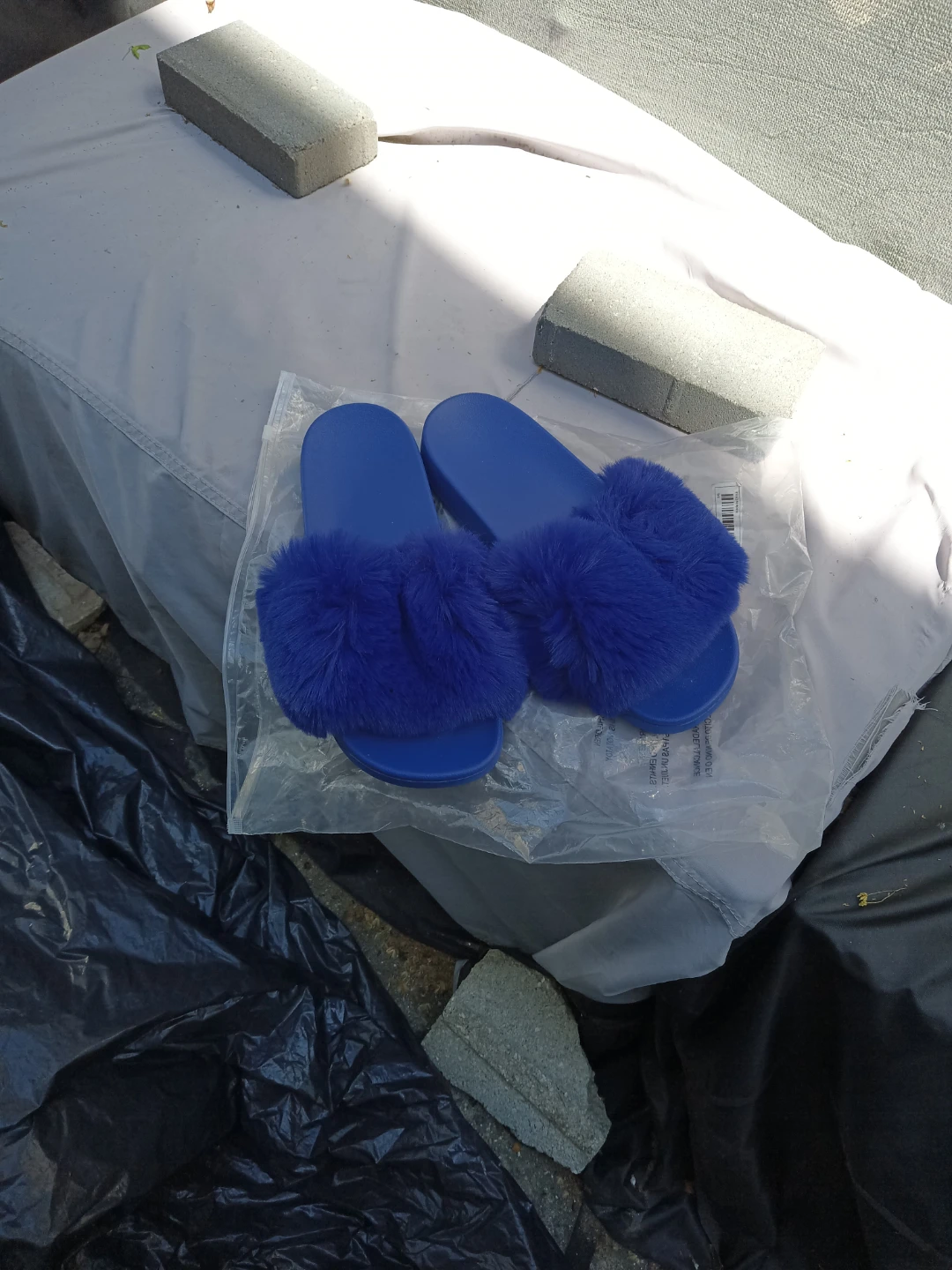 Blue Faux Fur Slides Slippers Size 11