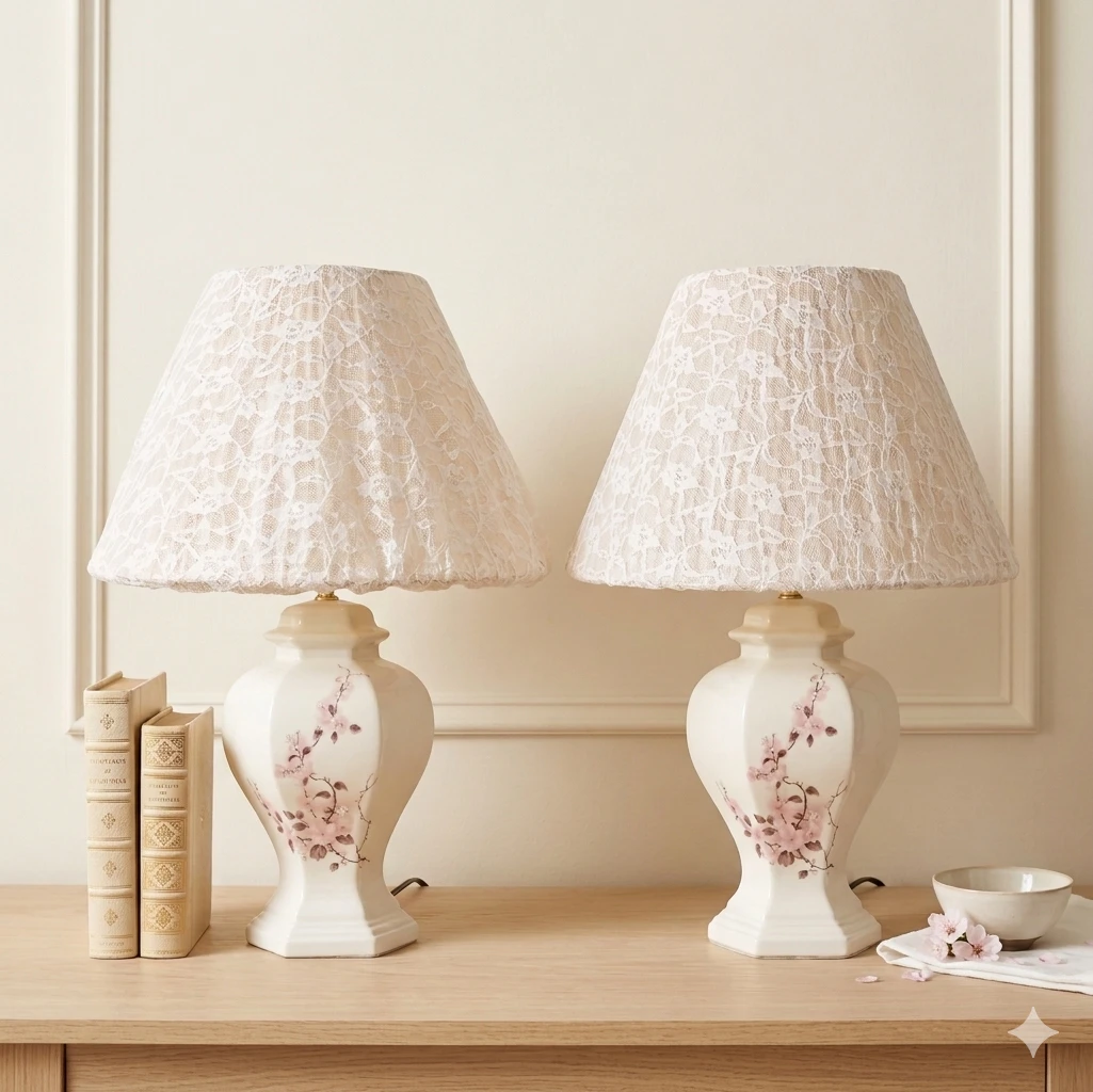 Pair of Vintage Ceramic Table Lamps with Lace Shades
