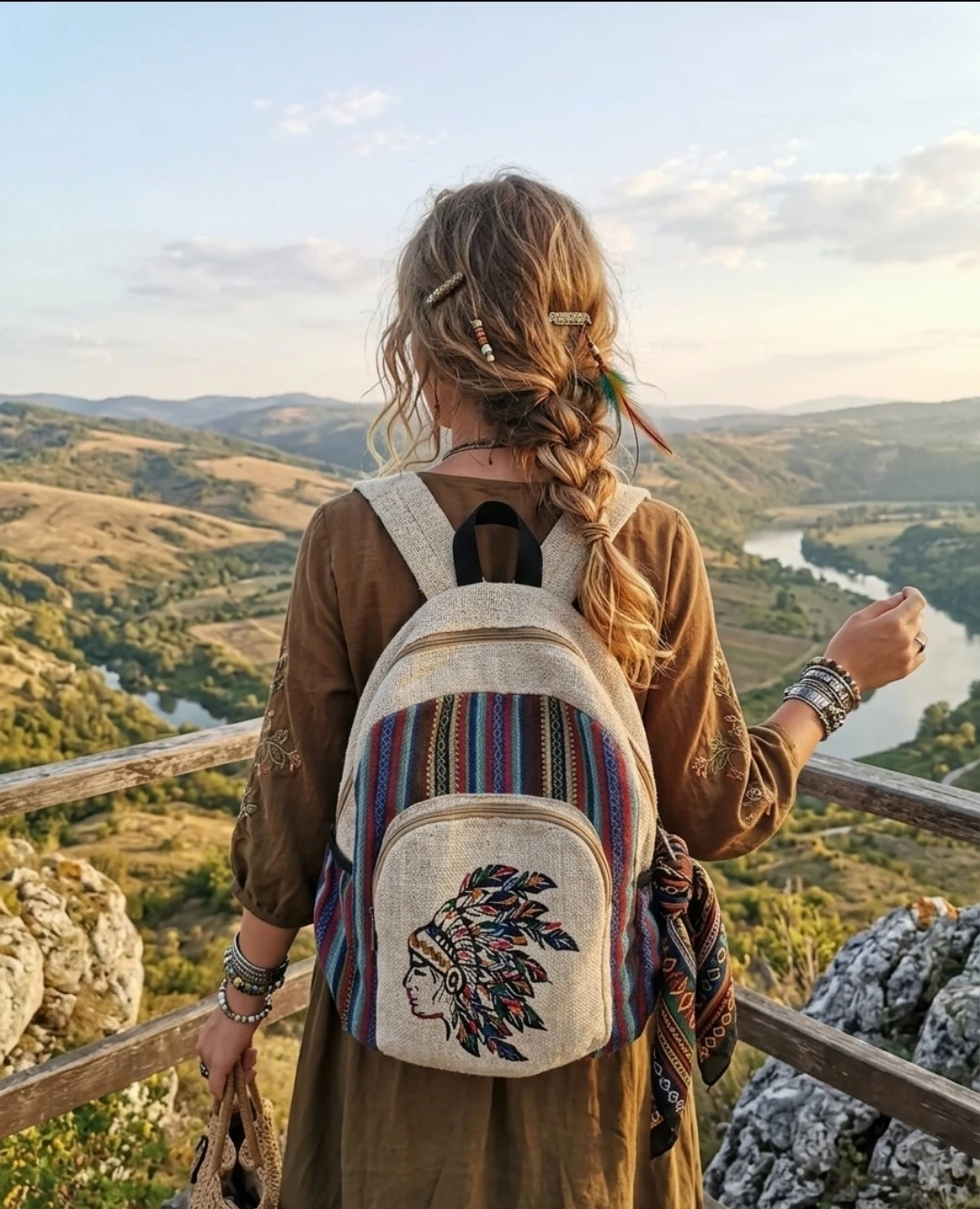 Boho Native American Woman Print Backpack