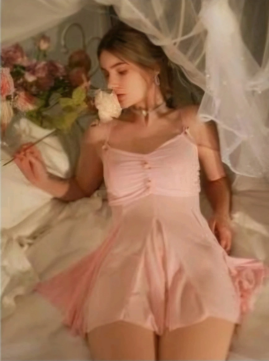 Pink Mesh Babydoll with Rose Embellishments