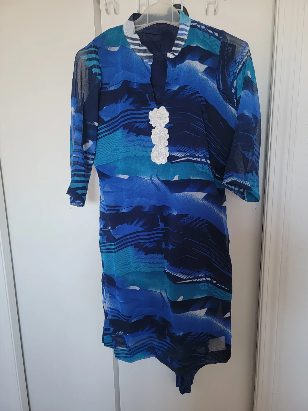 Blue Georgette Dress with White Floral Accent