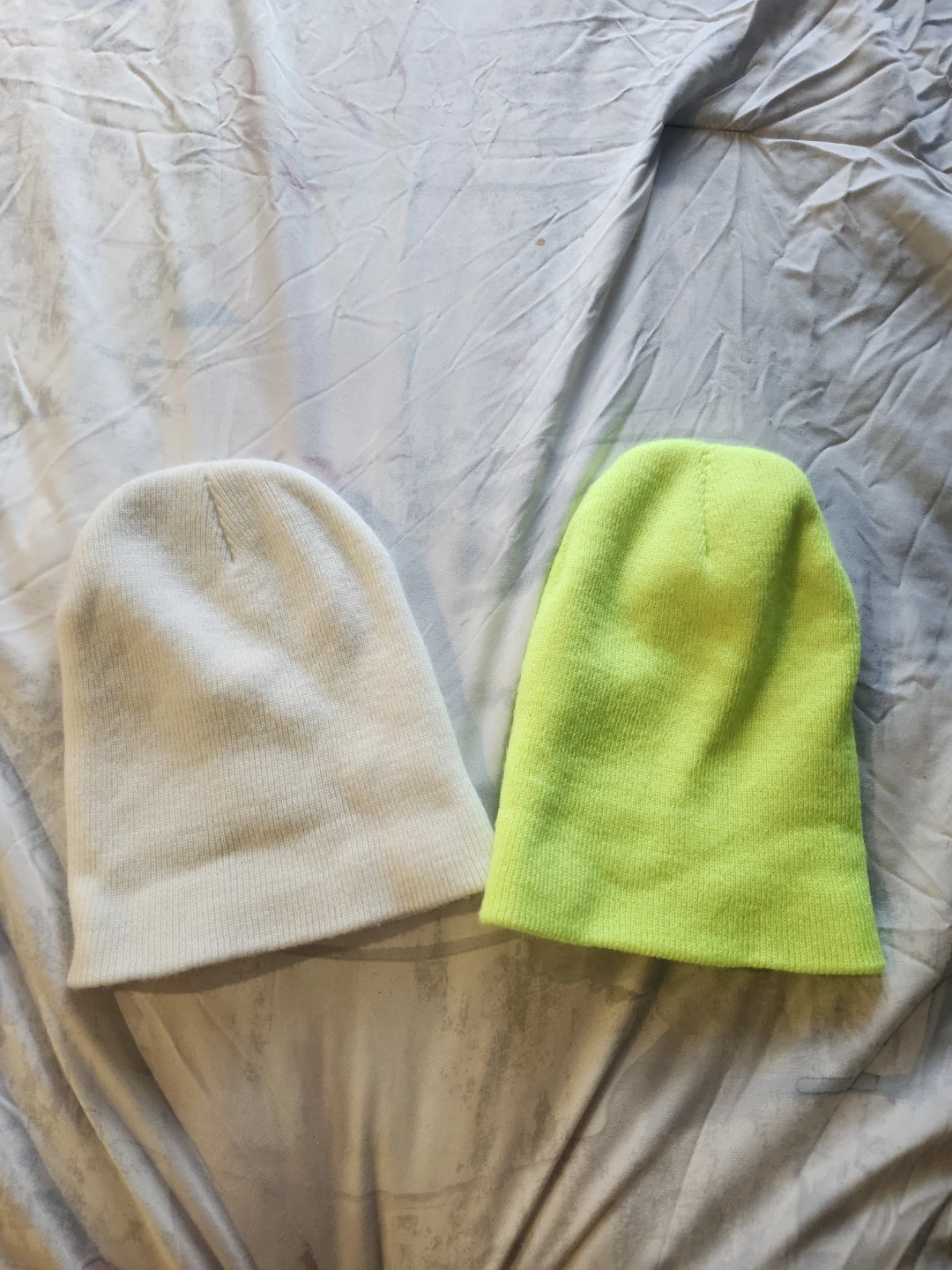 Two Beanie Hats - White and Neon Green
