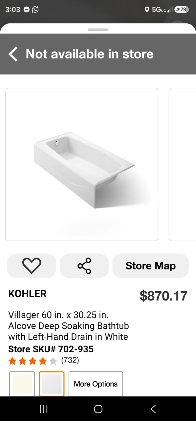 Kohler 30 x 60in left hand bath tub