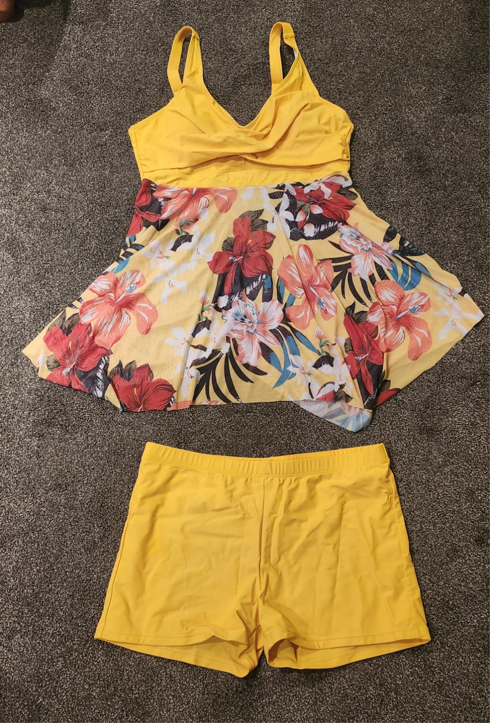 Yellow floral print swimsuit dress with shorts set