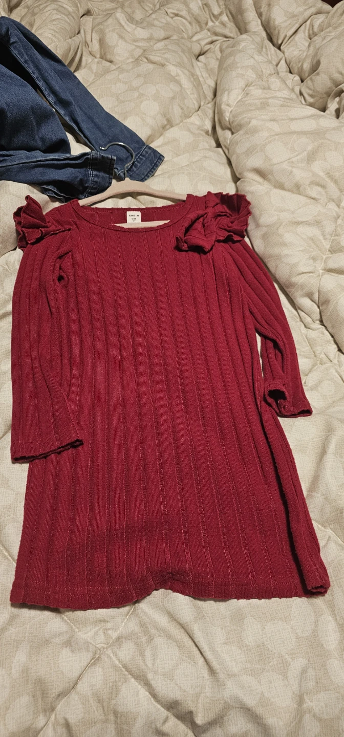 SHEIN Red Ribbed Dress with Ruffle Shoulders - Size 6