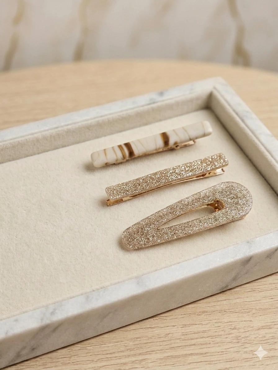 Marble & Champagne Glitter Hair Clip Set
