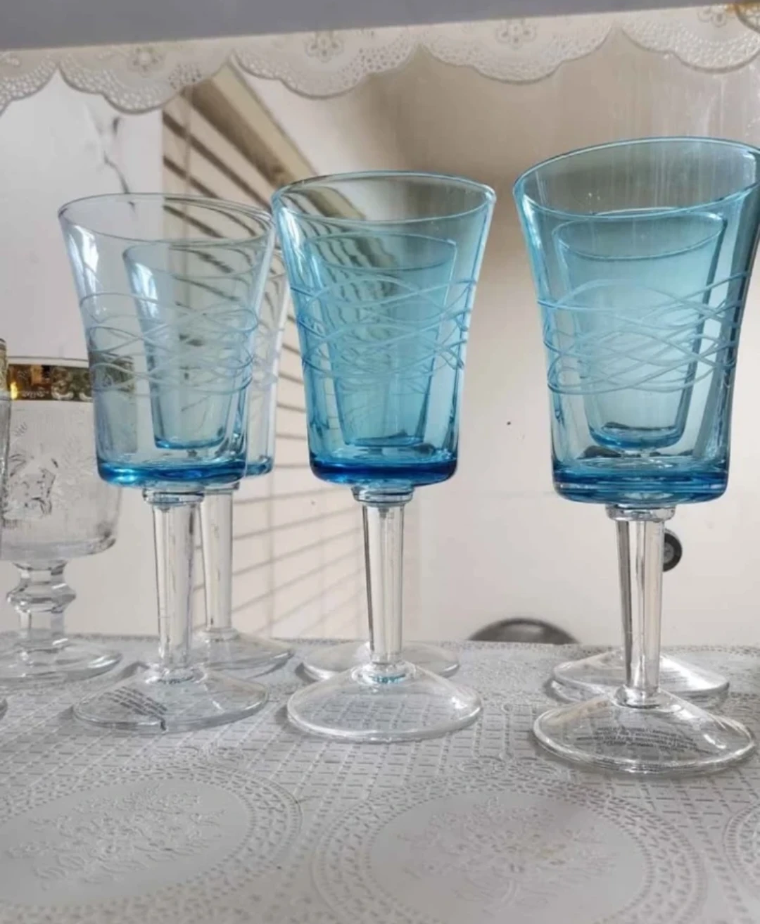 New Set of 6 Blue Glass Footed Tumblers