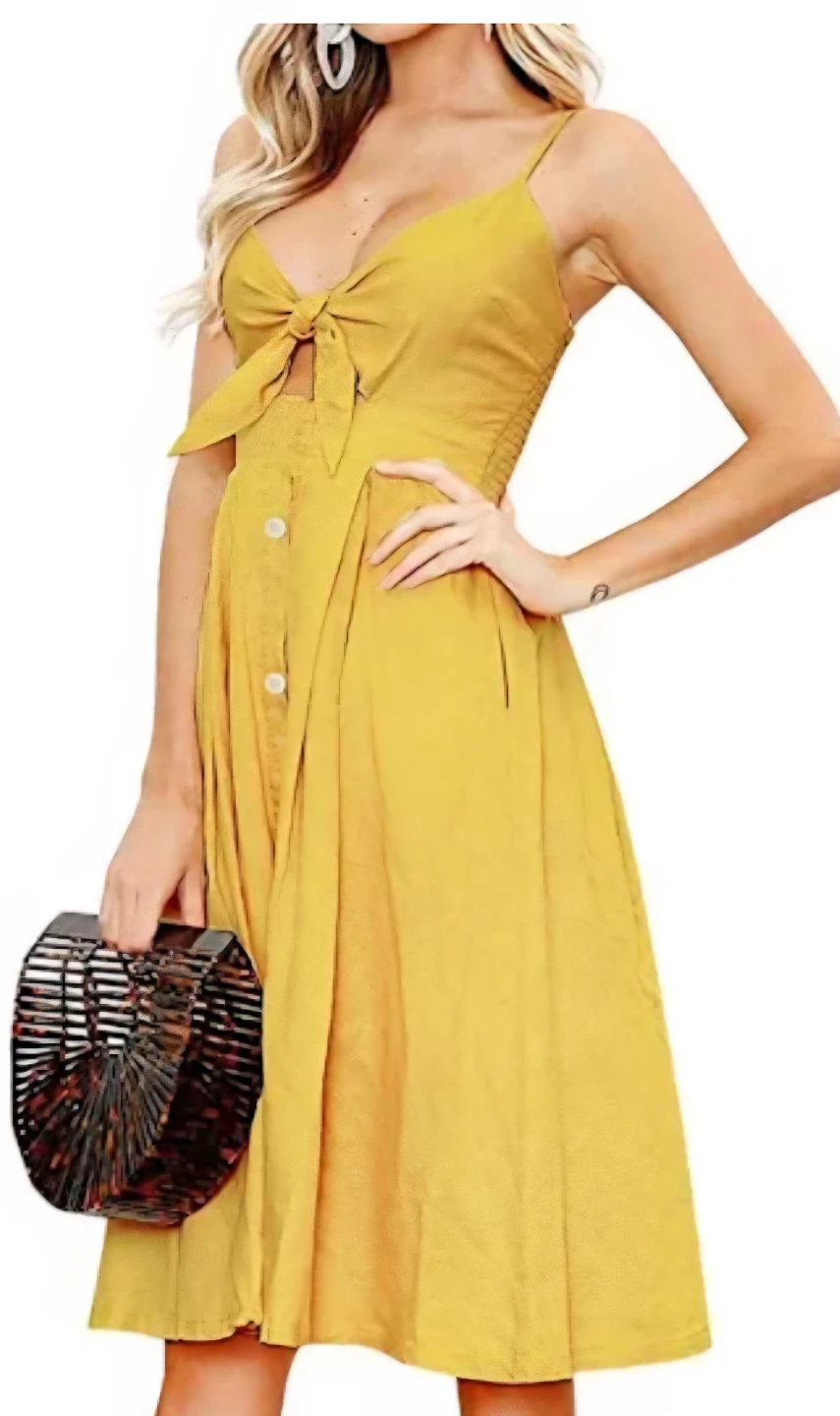 Yellow Tie Front Midi Dress Large - photo 4