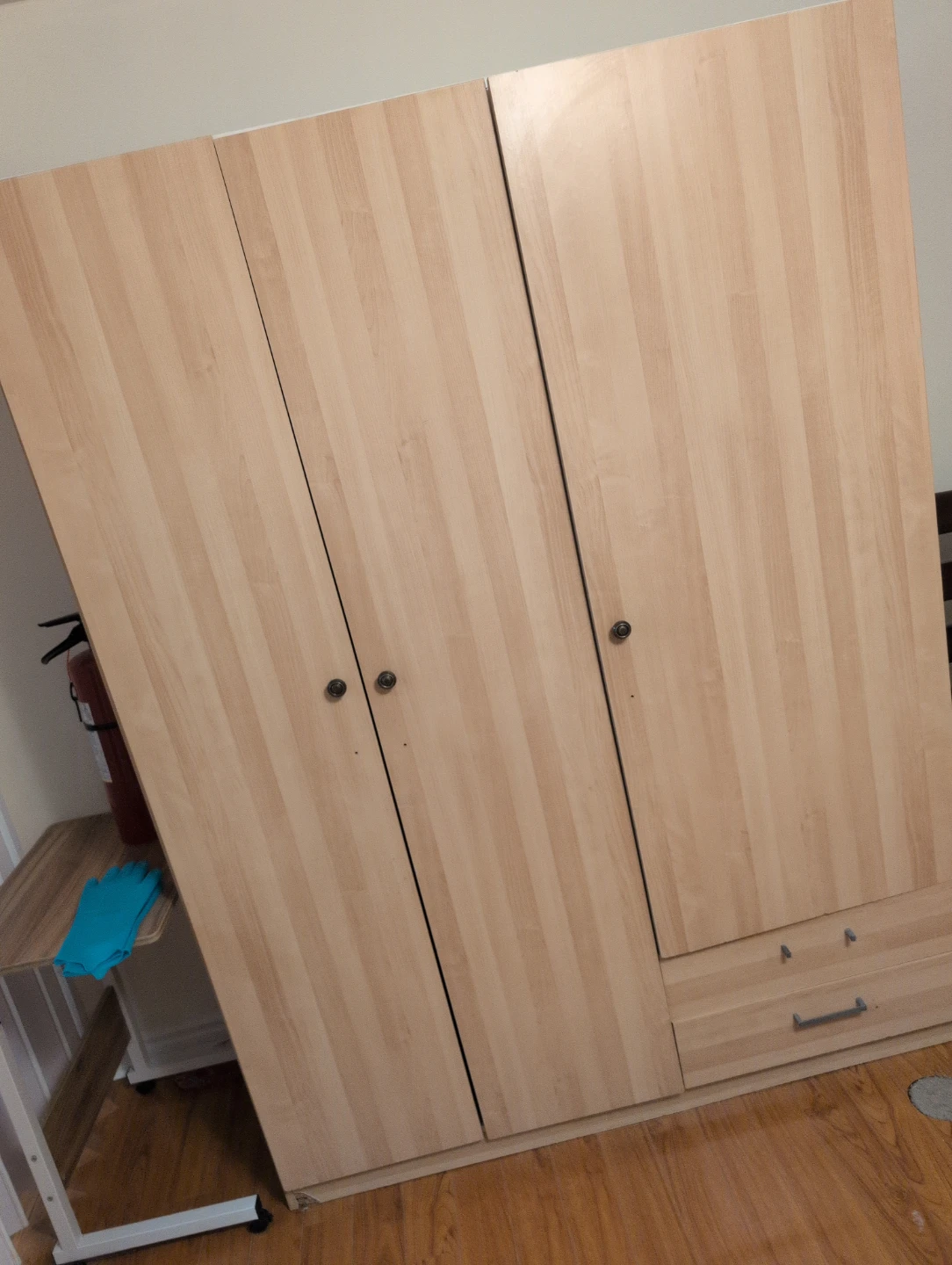 Light Wood 3-Door Wardrobe with Drawers