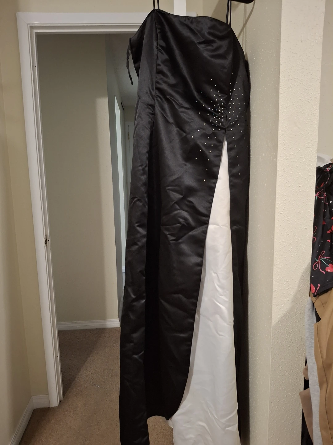 Black & White Satin Gown with Rhinestone Detail
