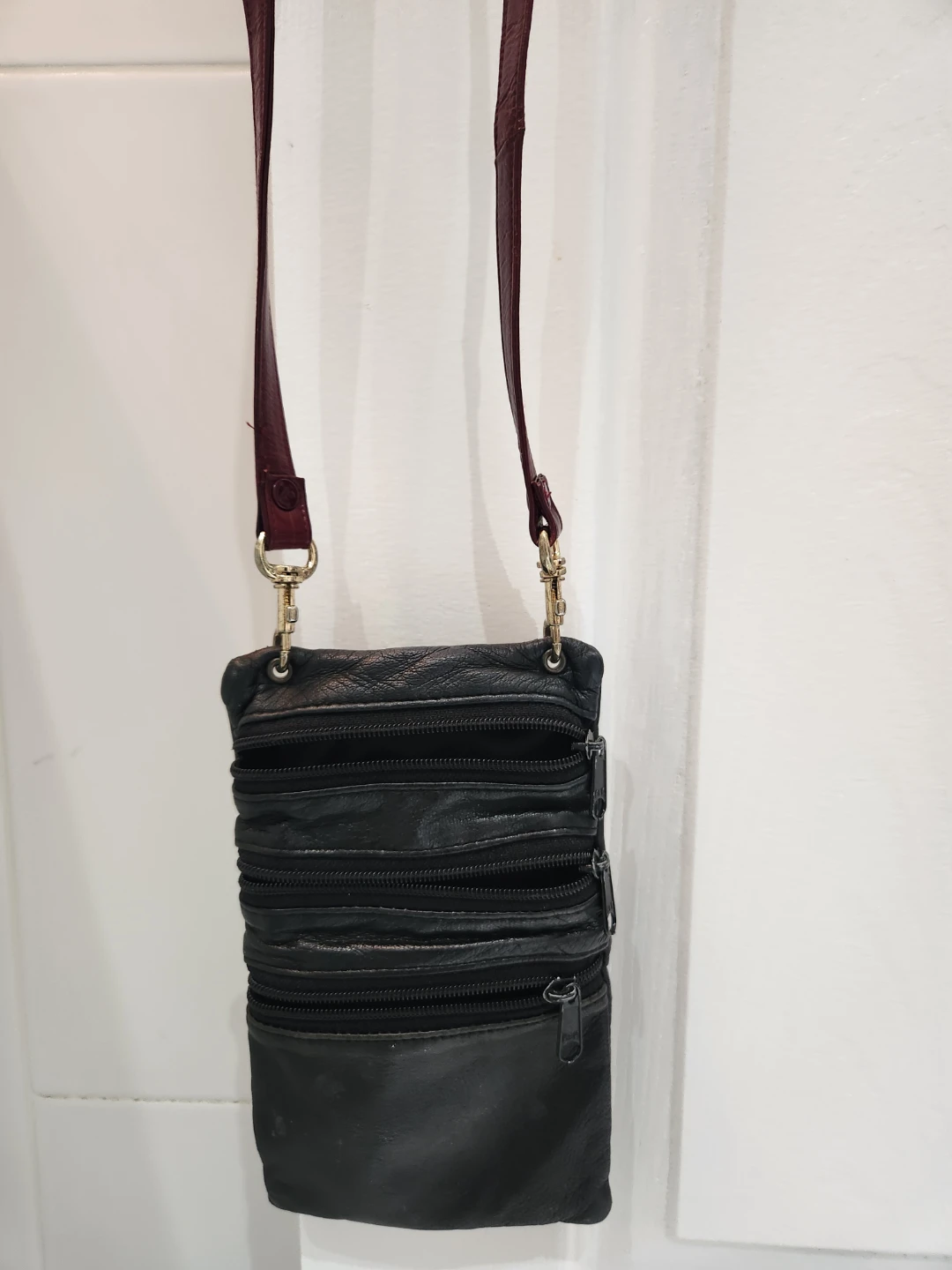 Black Leather Multi-Pocket Crossbody Bag