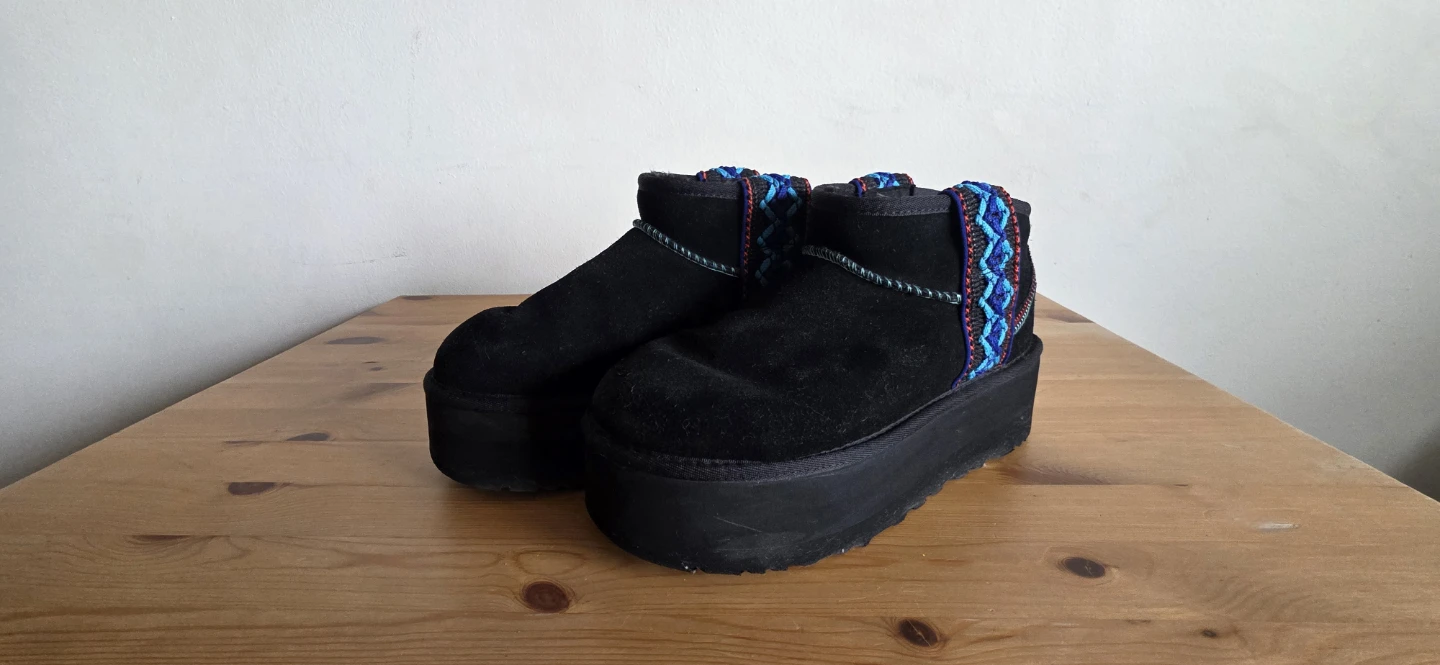 Ugg Black Suede Platform Boots with Embroidered Detail