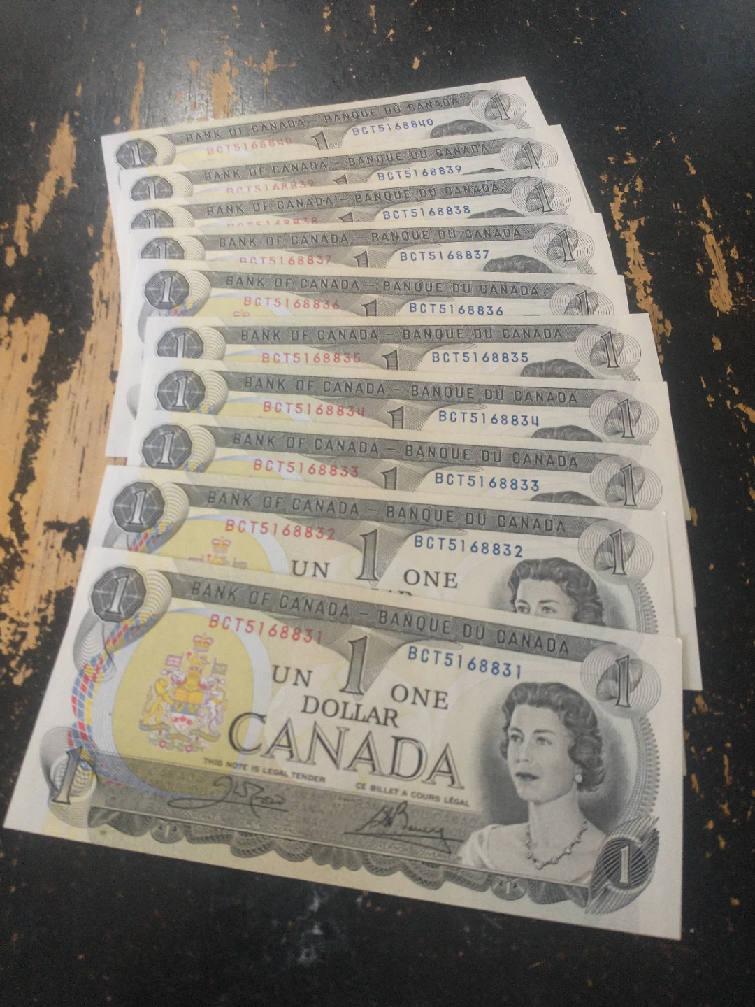 1973 Canada uncirculated $1 ten consecutive banknotes ends ~8884 - photo 2