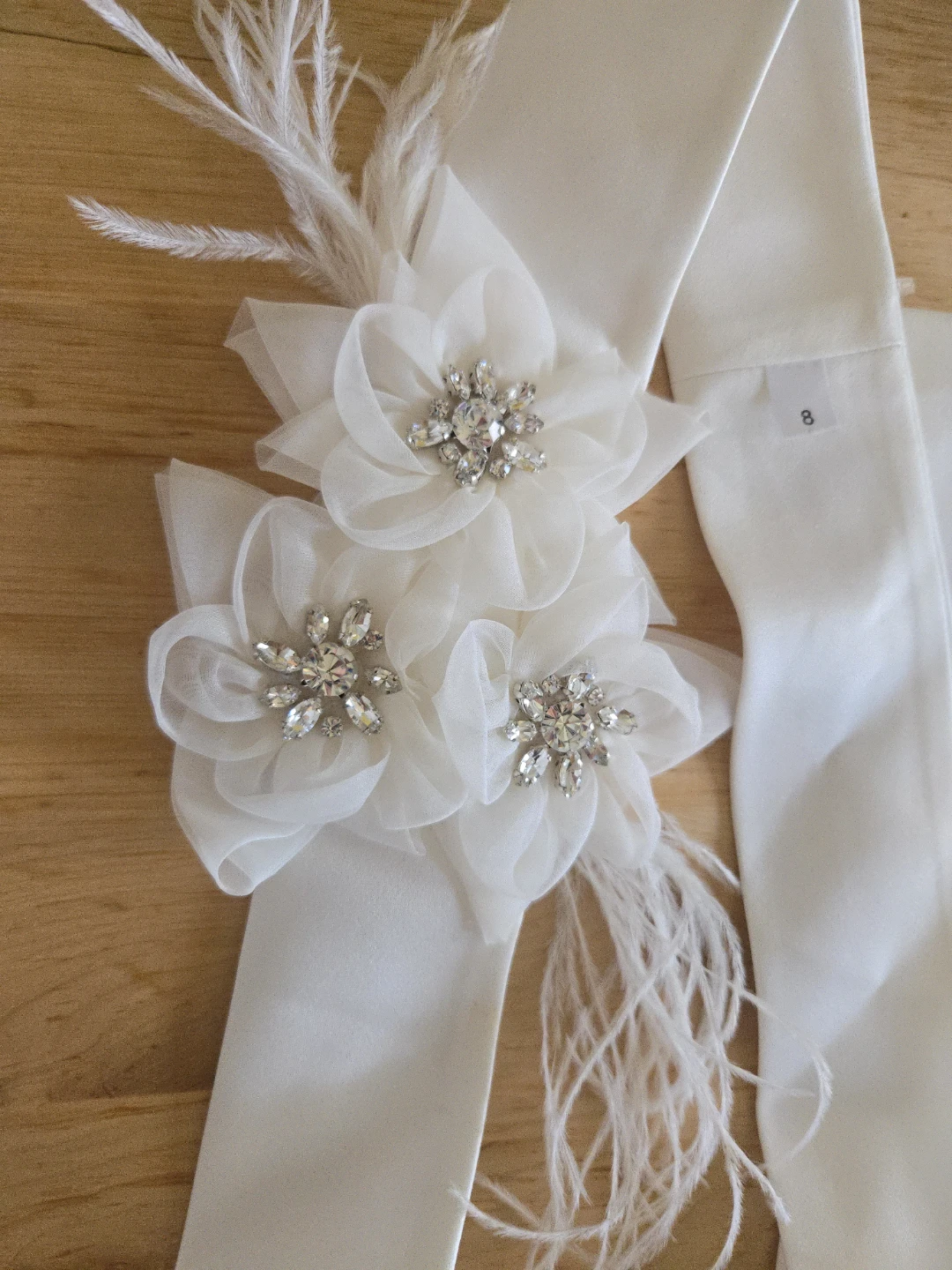 Mikella Ivory Wedding Dress Sash  Rhinestone Flowers  Feathers - photo 2