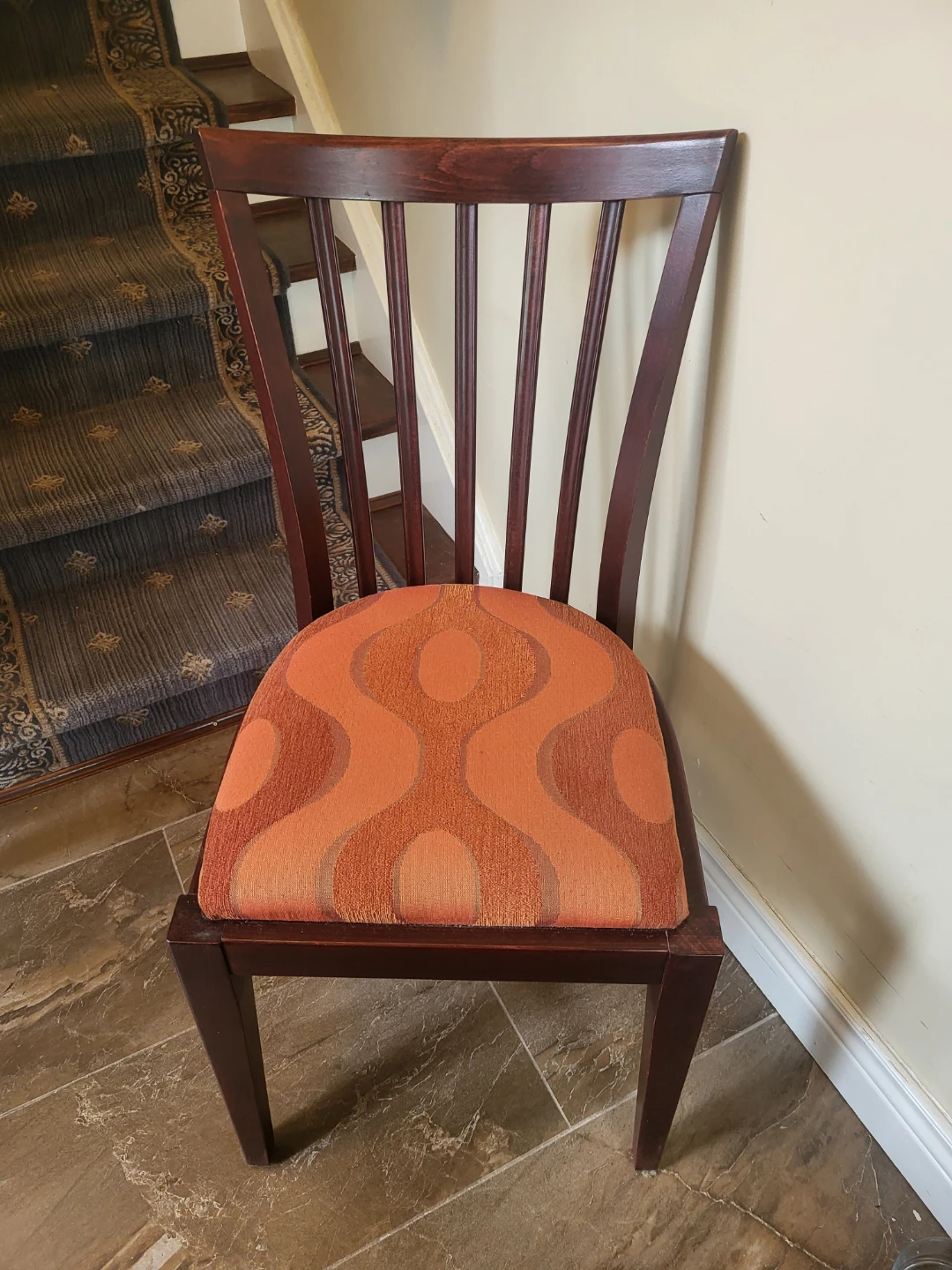 Wooden Dining Chair with Orange Geometric Seat - photo 2