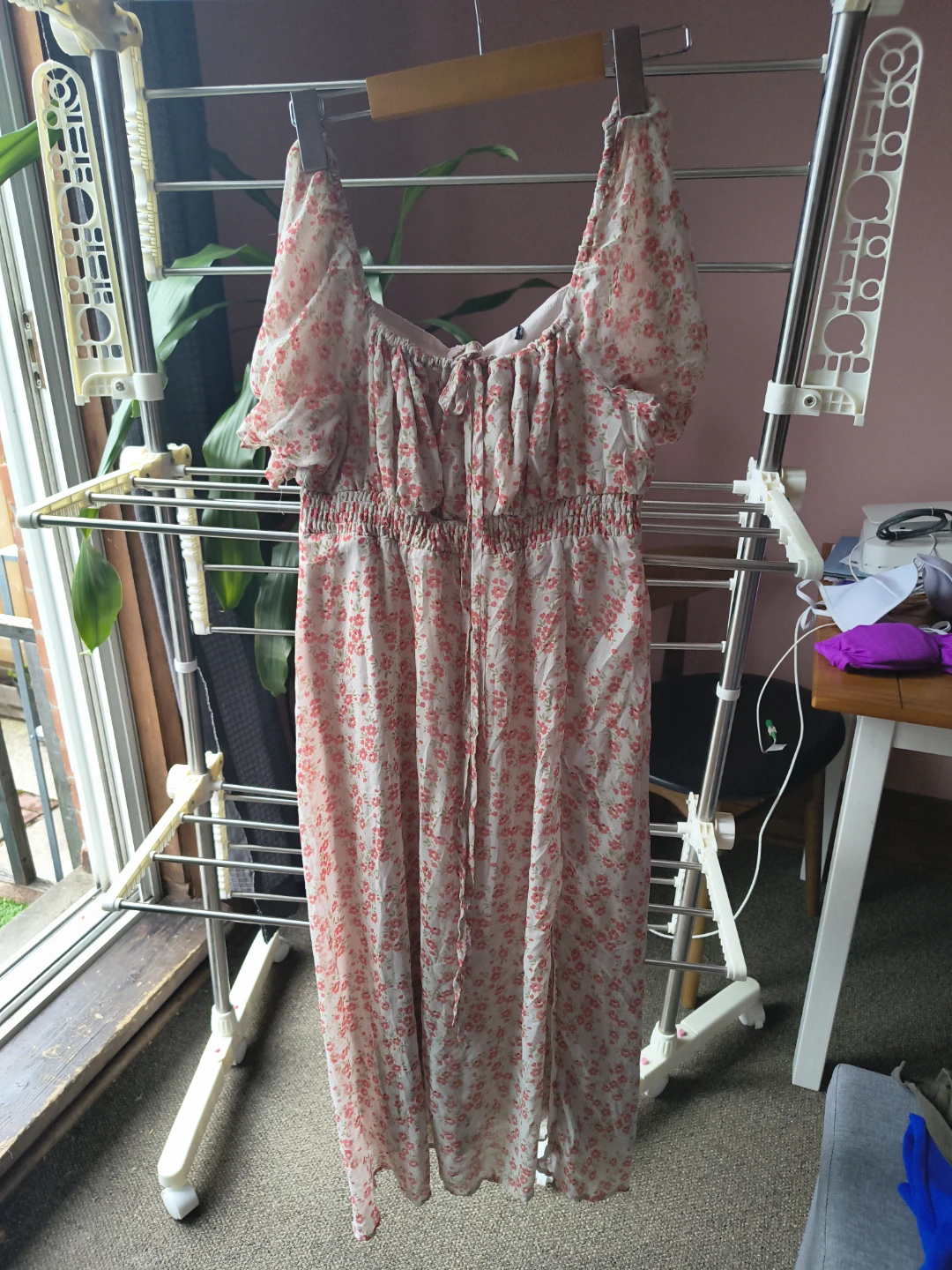 Floral Puff Sleeve Square Neck Midi Dress