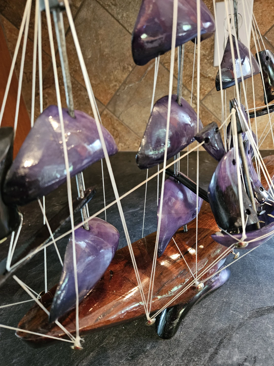 Wooden Sailboat Model with Purple Sails - photo 2