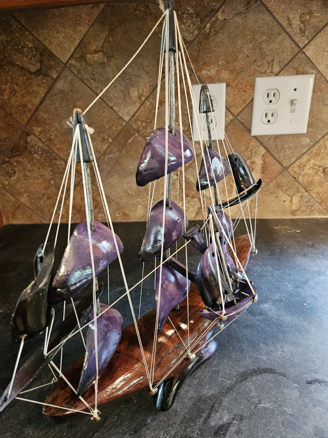 Wooden Sailboat Model with Purple Sails - photo 3