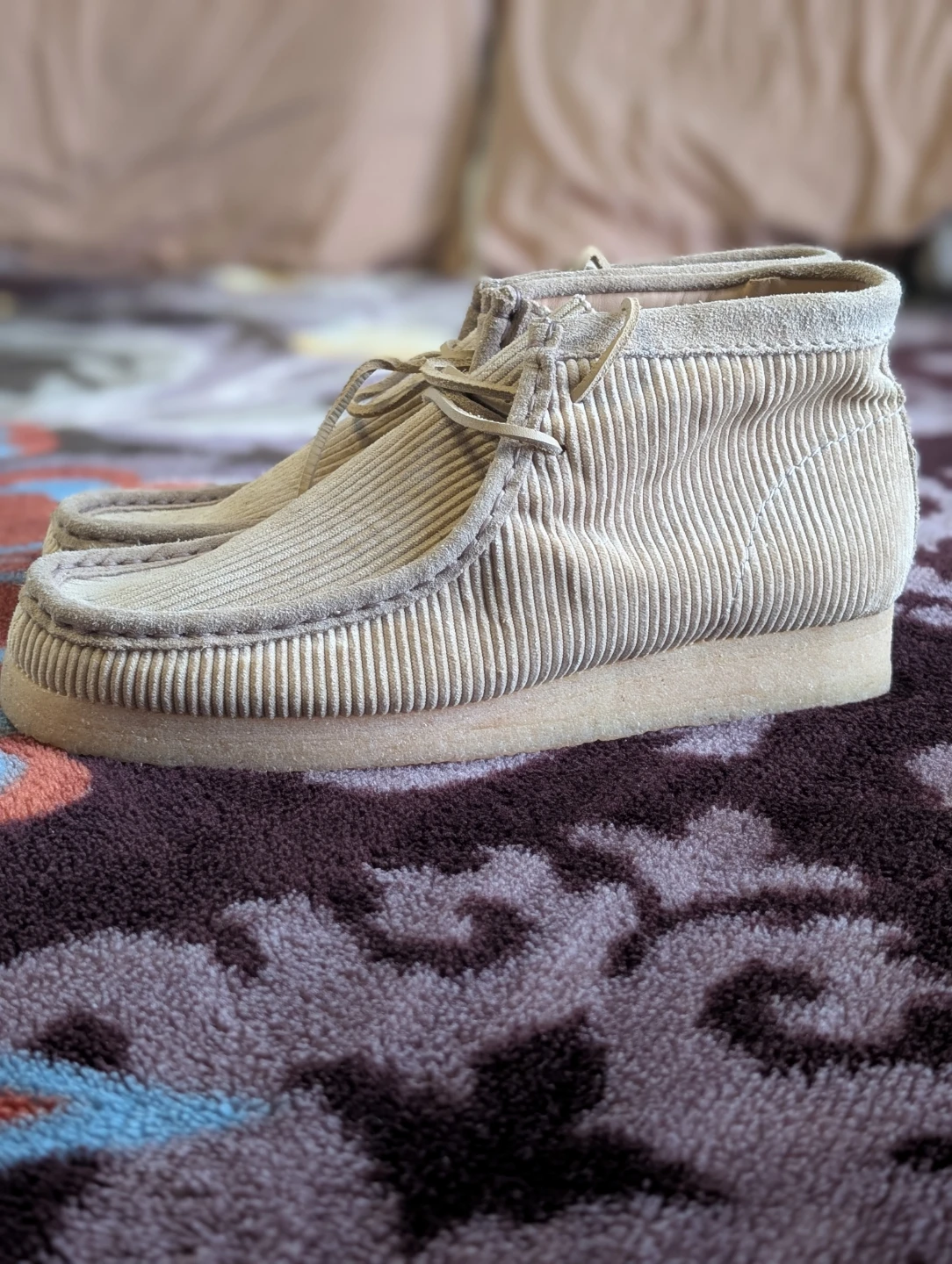 Clarks Wallabee Shoes Beige Corduroy