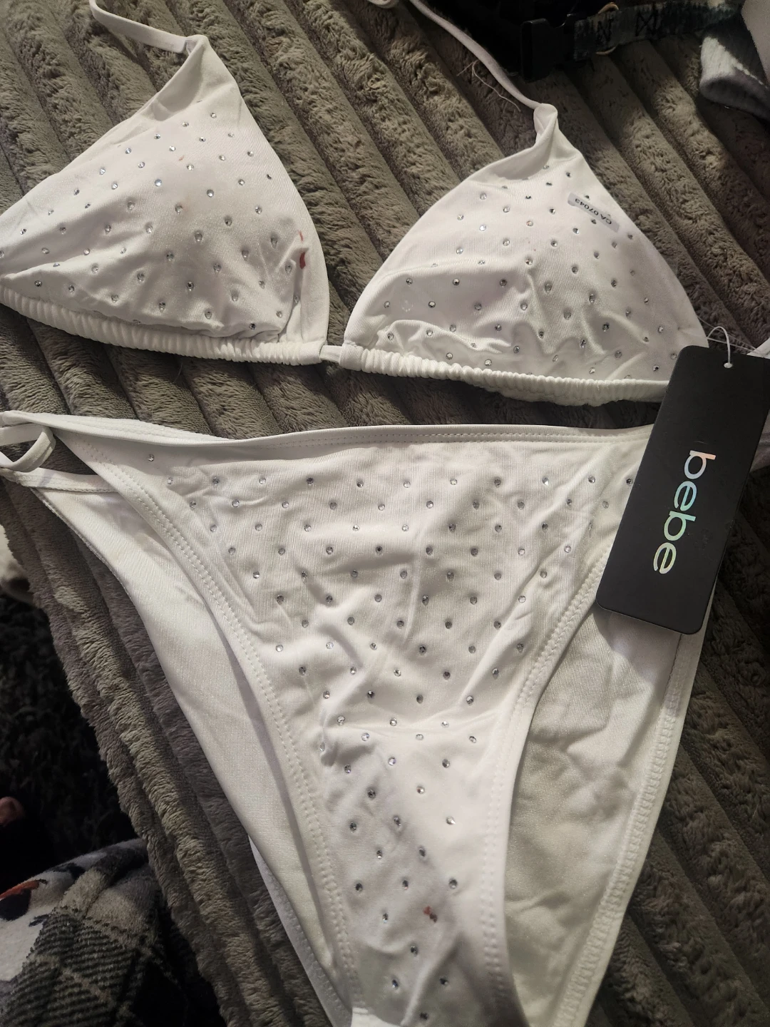 Bebe Rhinestone Triangle Bikini White Size M