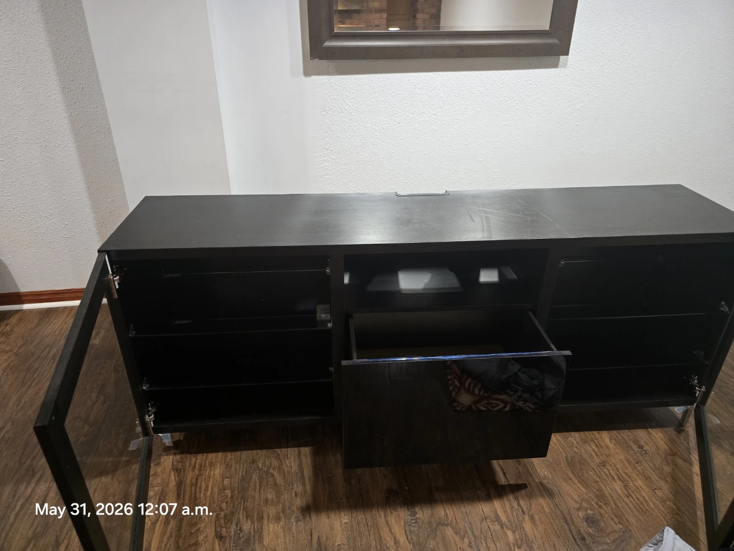 Dark Wood Media Console with Cabinet and Drawers