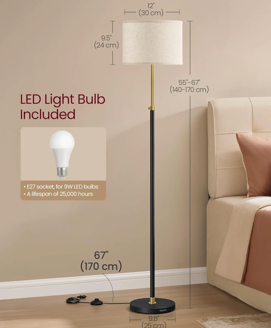 Height-Adjustable Floor Lamp with LED Bulb