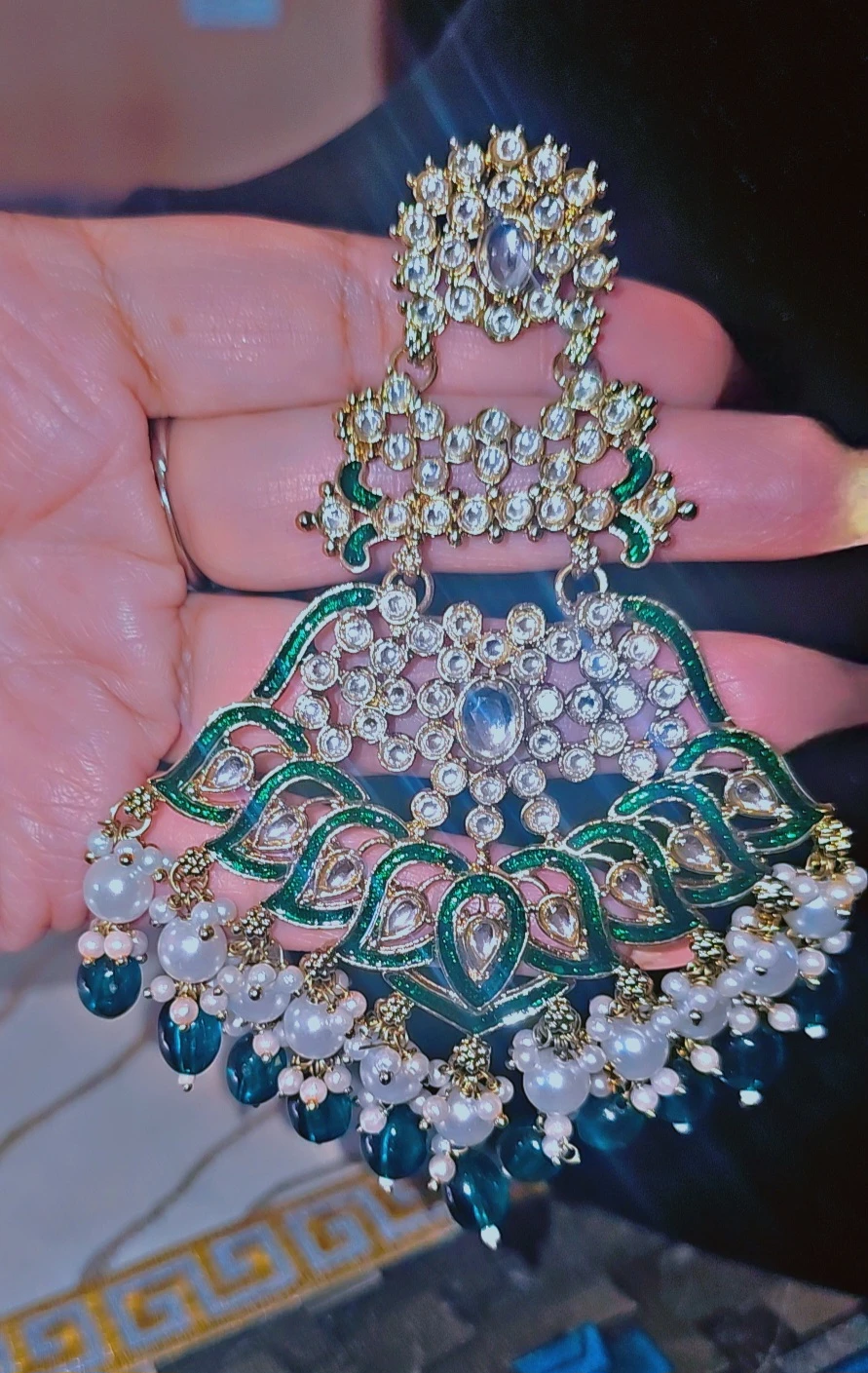 Gold-tone kundan earrings with green enamel and pearl accents - photo 3