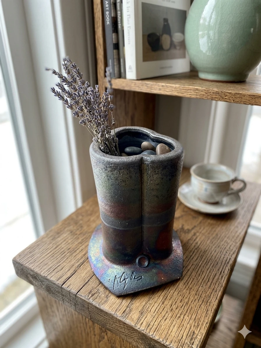 Unique Raku-Fired Studio Pottery Vase – Signed "NG" - photo 2