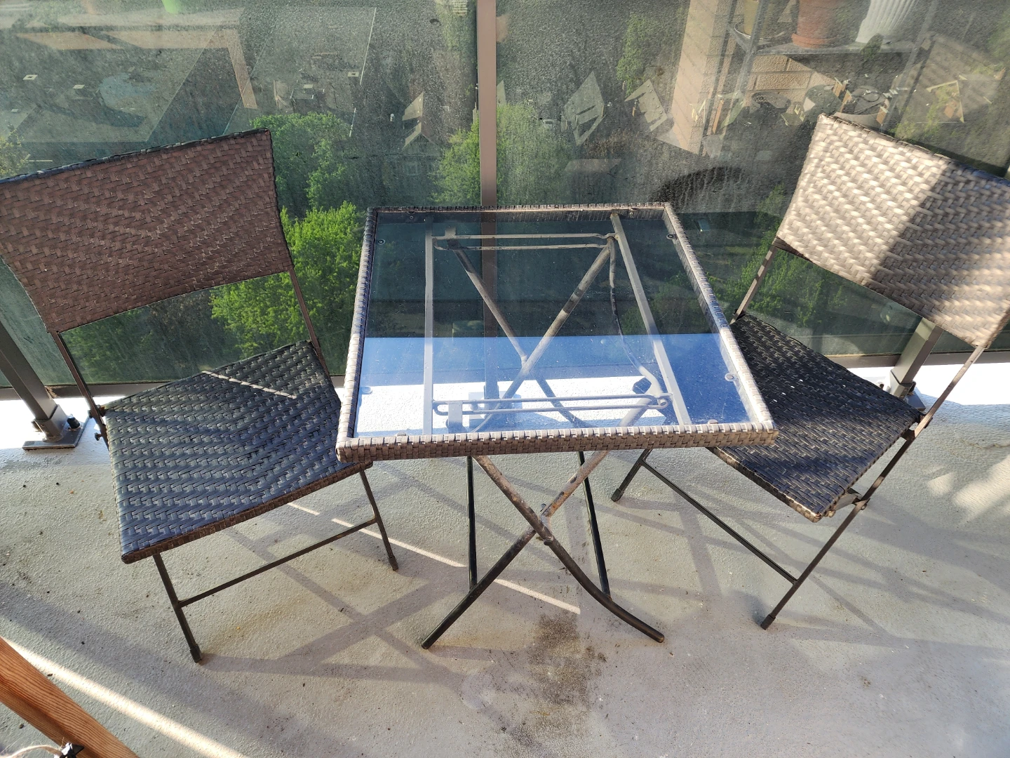 Wicker patio 2 chairs and glass-top table set