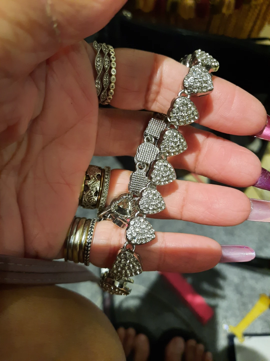 5pc Rhinestone 💗Tennis Bracelet Earrings Rings lot - photo 5