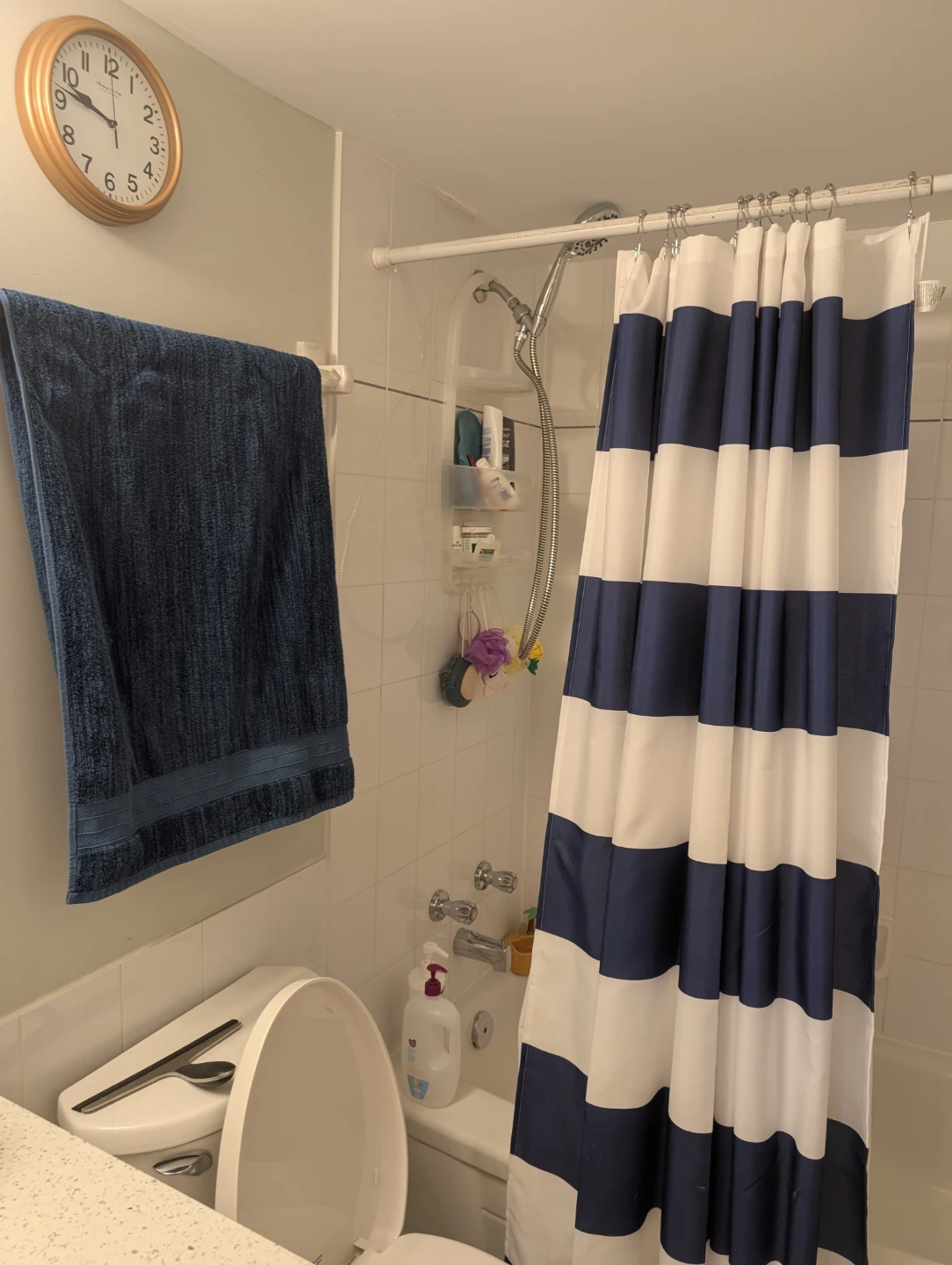 Blue bath towel, mat, curtain set