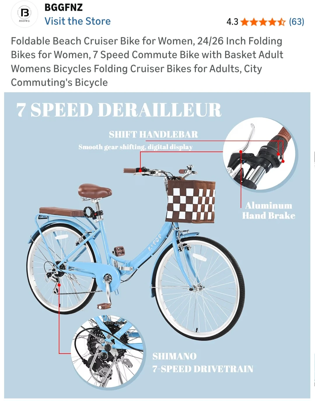 Foldable Beach Cruiser Bike for Women - Blue, 7 Speed - photo 2