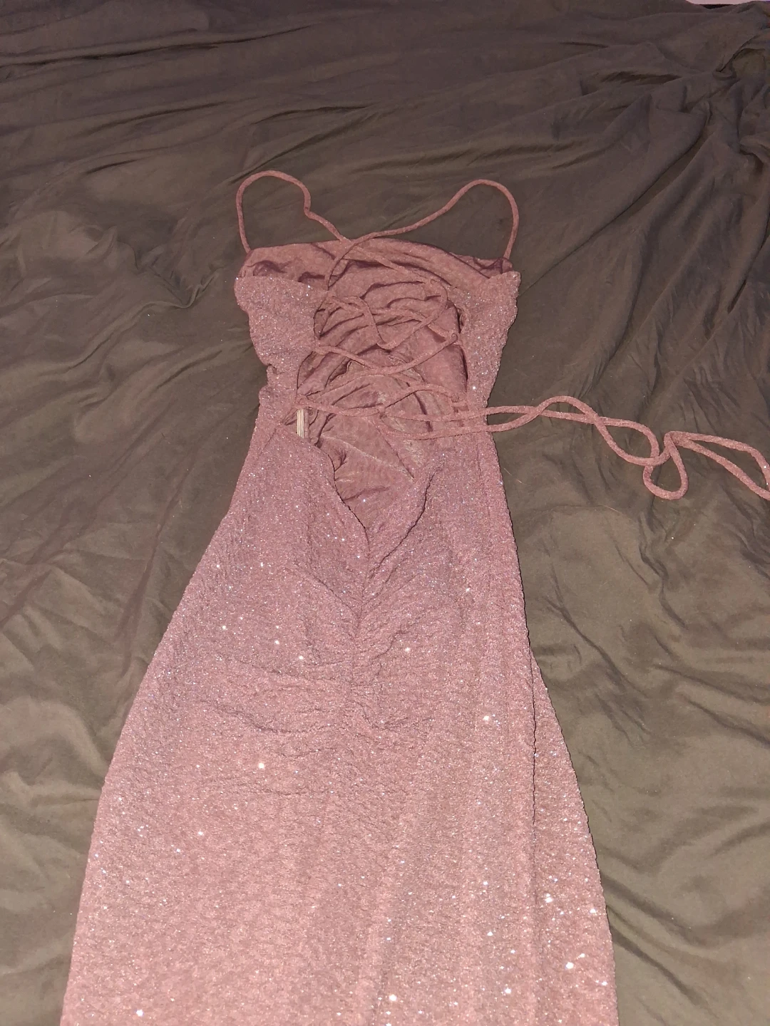 Sparkly Ruched Maxi Dress with Lace-Up Back - photo 4