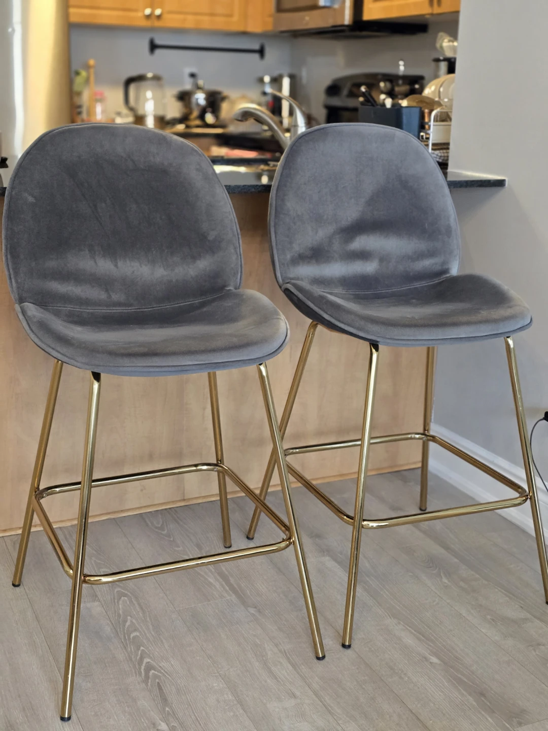 Grey Velvet Bar Stools with Gold Legs (Set of 2) - photo 2