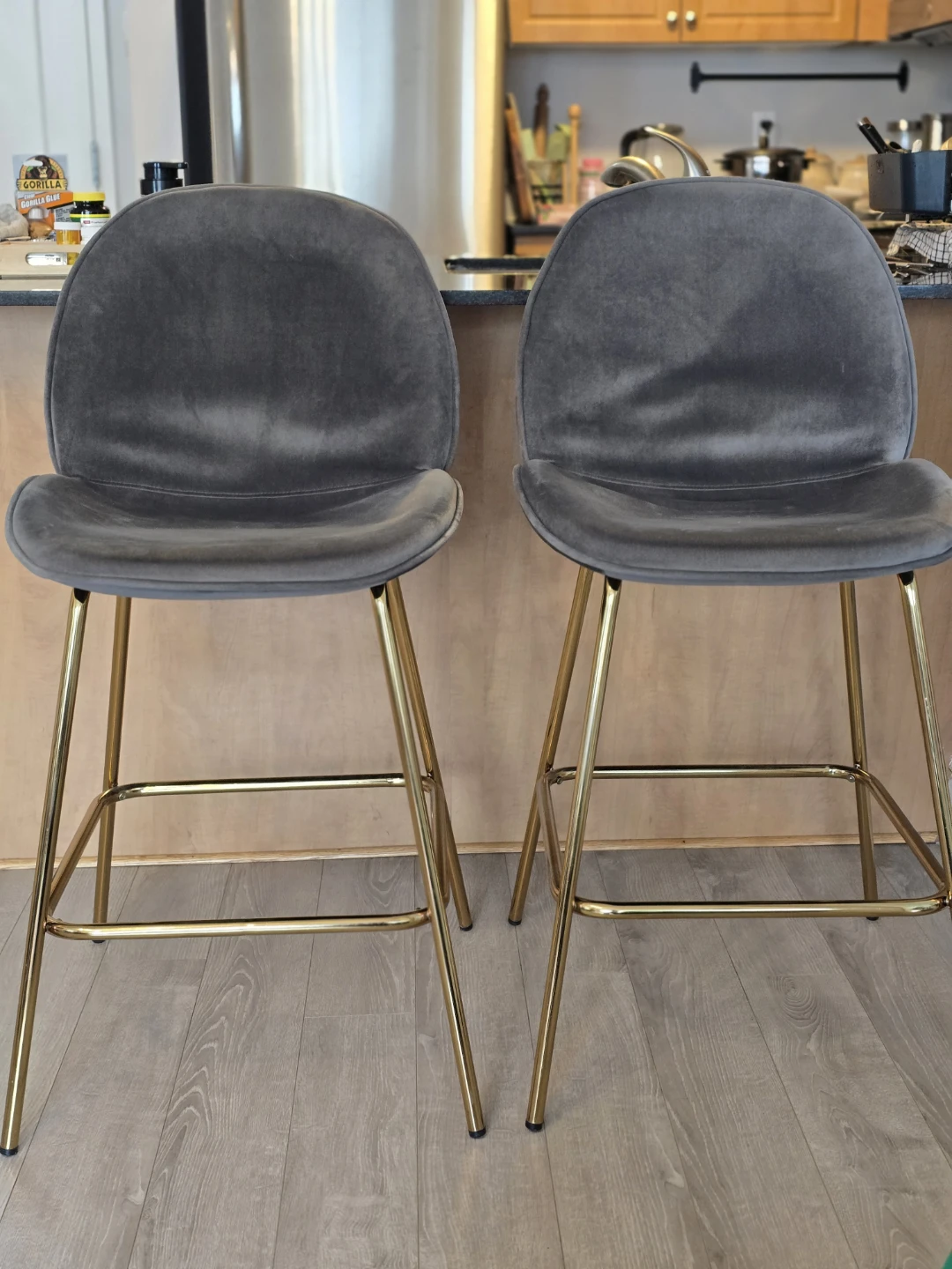 Grey Velvet Bar Stools with Gold Legs (Set of 2) - photo 3