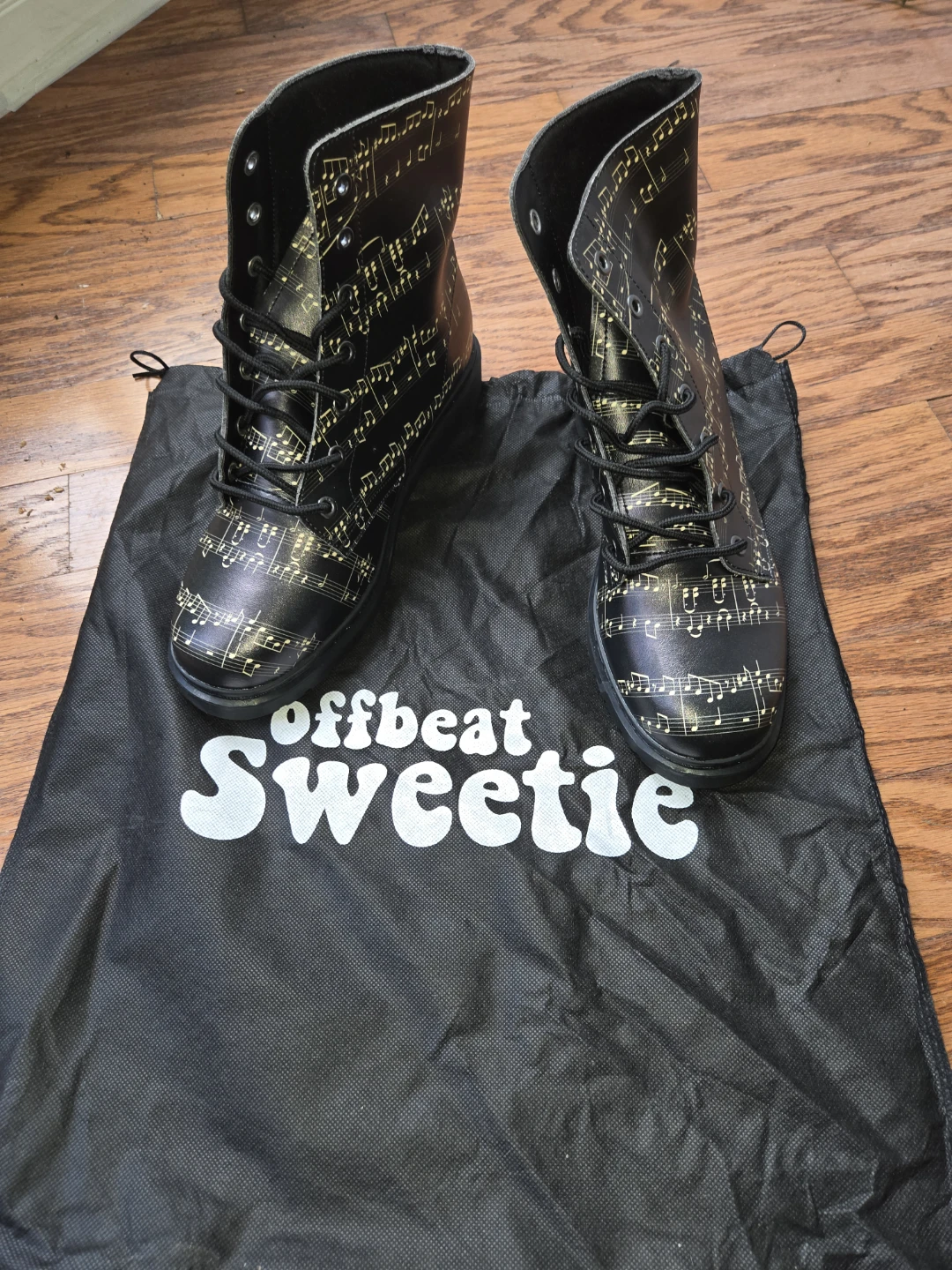 Offbeat Sweetie Black Musical Notes Combat Boots