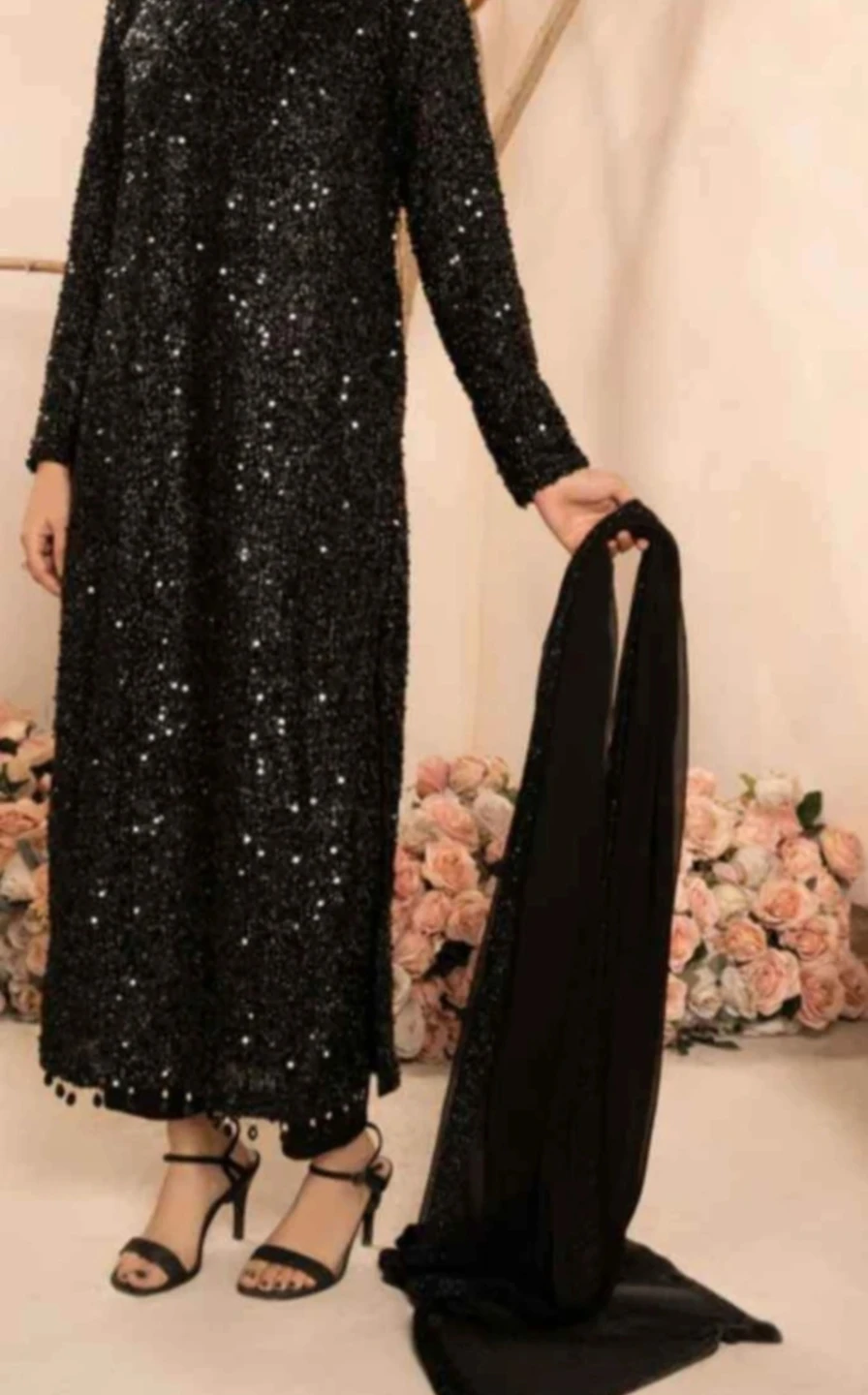 Black Sequin 3 piece dress set with dupatta - photo 5