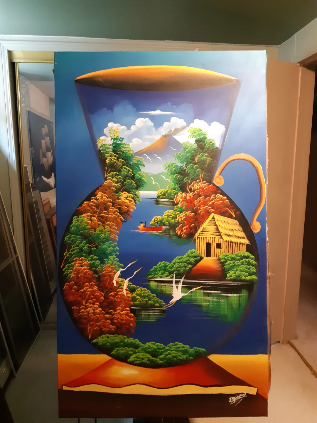 Vibrant Landscape Painting in a Pitcher