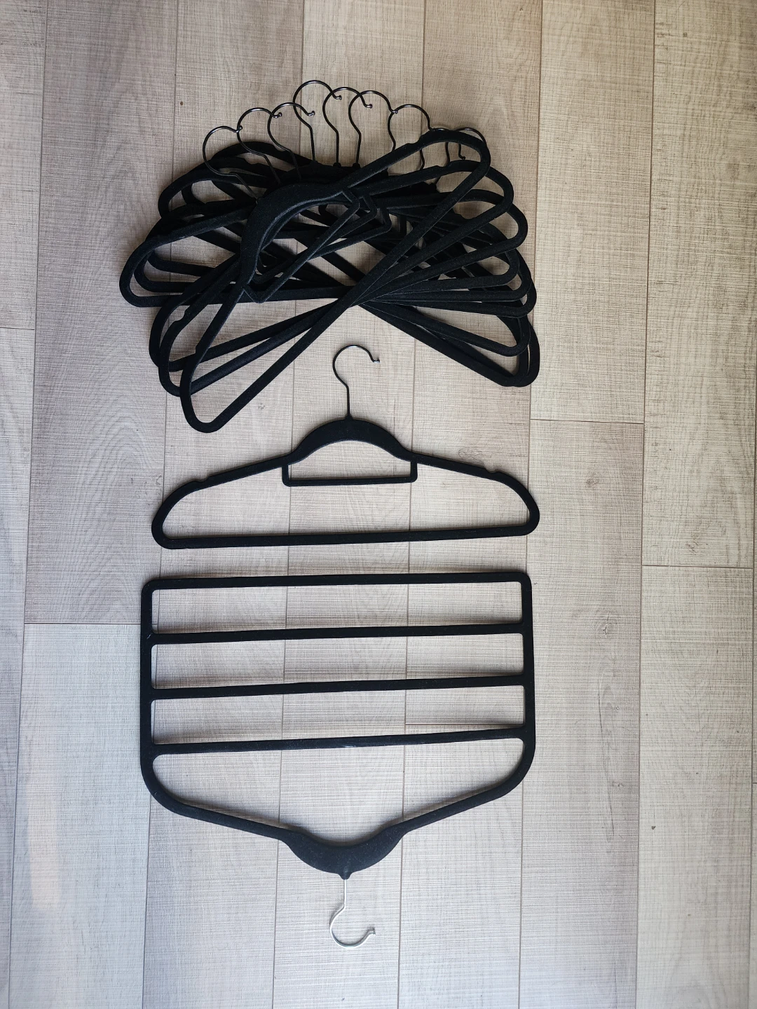 Set of 10 Black Velvet Hangers and 1 Multi-Bar Hanger