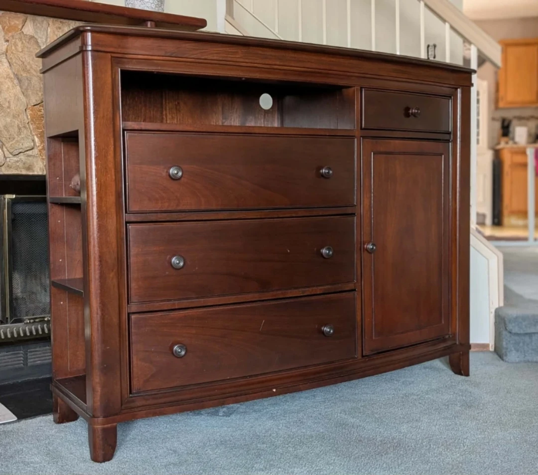 Dark Wood Media Console with Drawers and Cabinet
