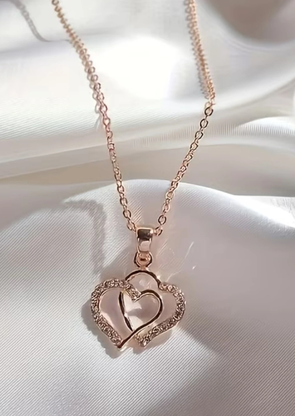 Stylish Rose Golden Double Heart Rhinestone Necklace