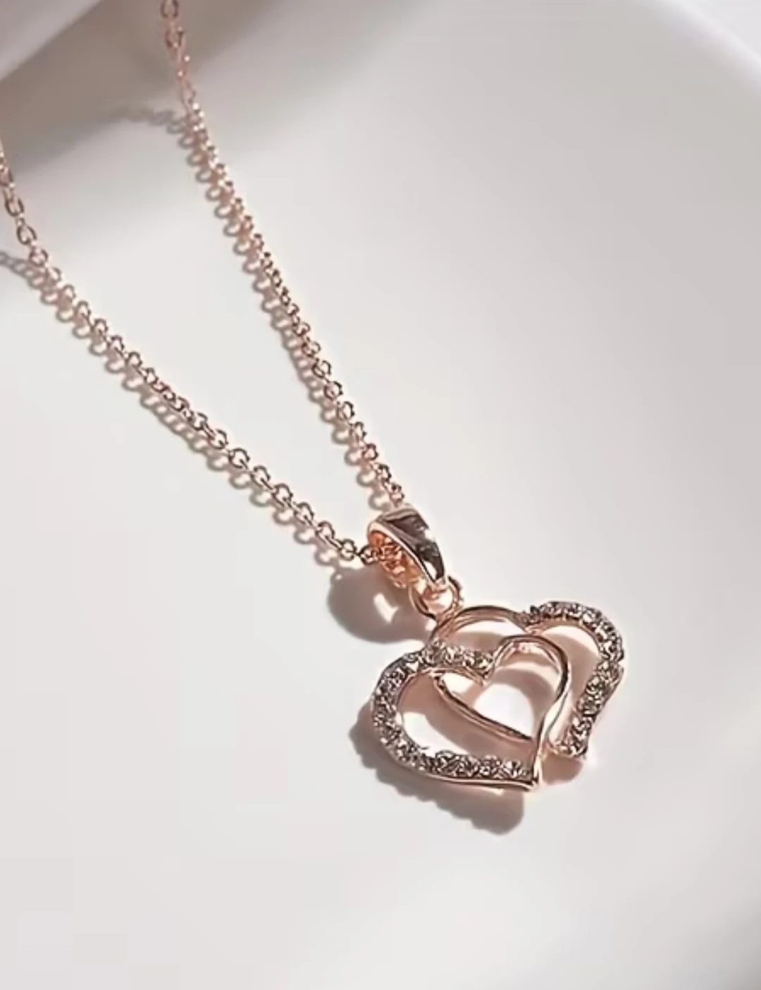 Stylish Rose Golden Double Heart Rhinestone Necklace - photo 2
