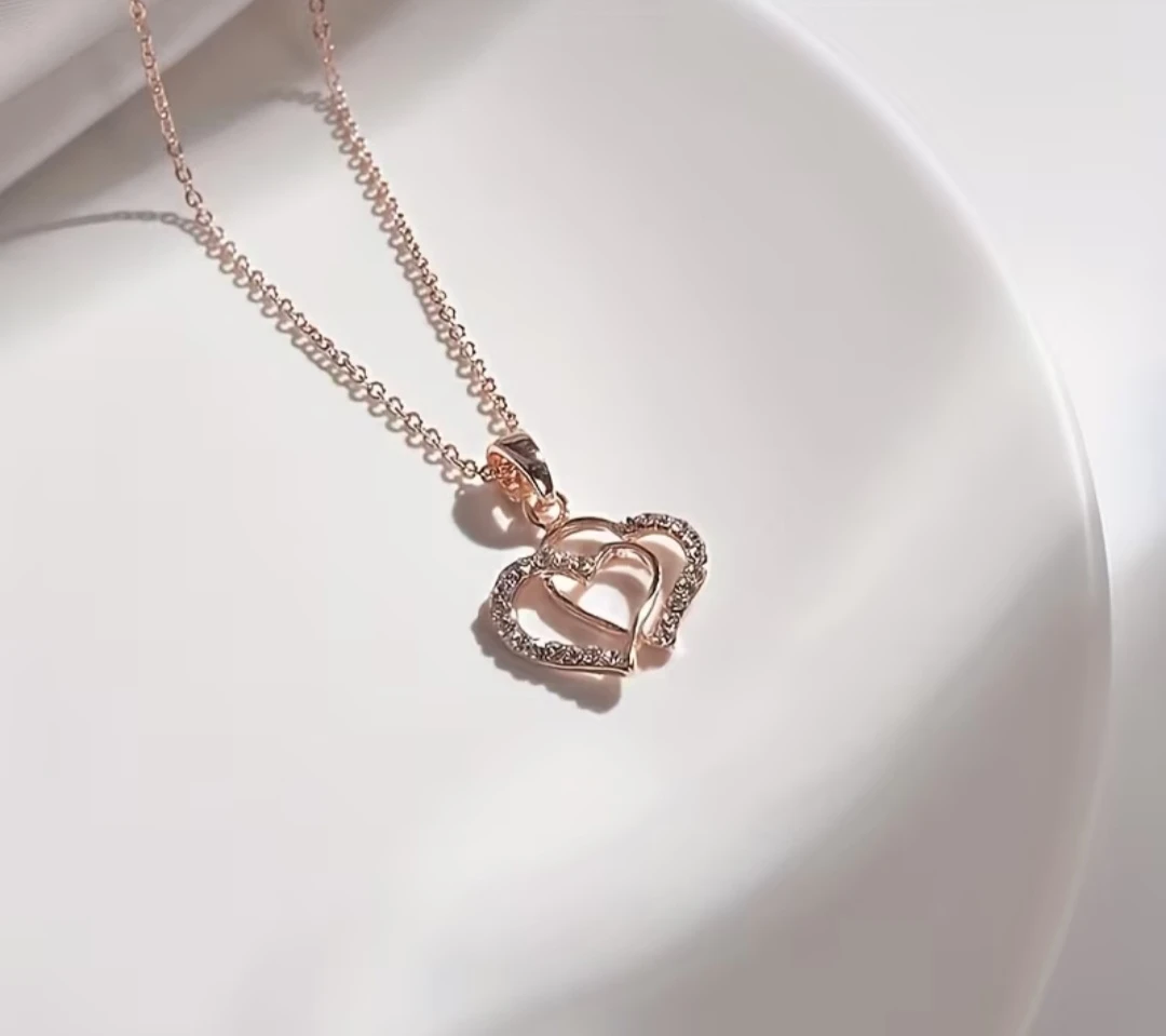 Stylish Rose Golden Double Heart Rhinestone Necklace - photo 4