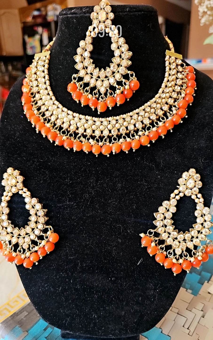 Gold-tone Necklace and Earring Set with Orange Beads - photo 2
