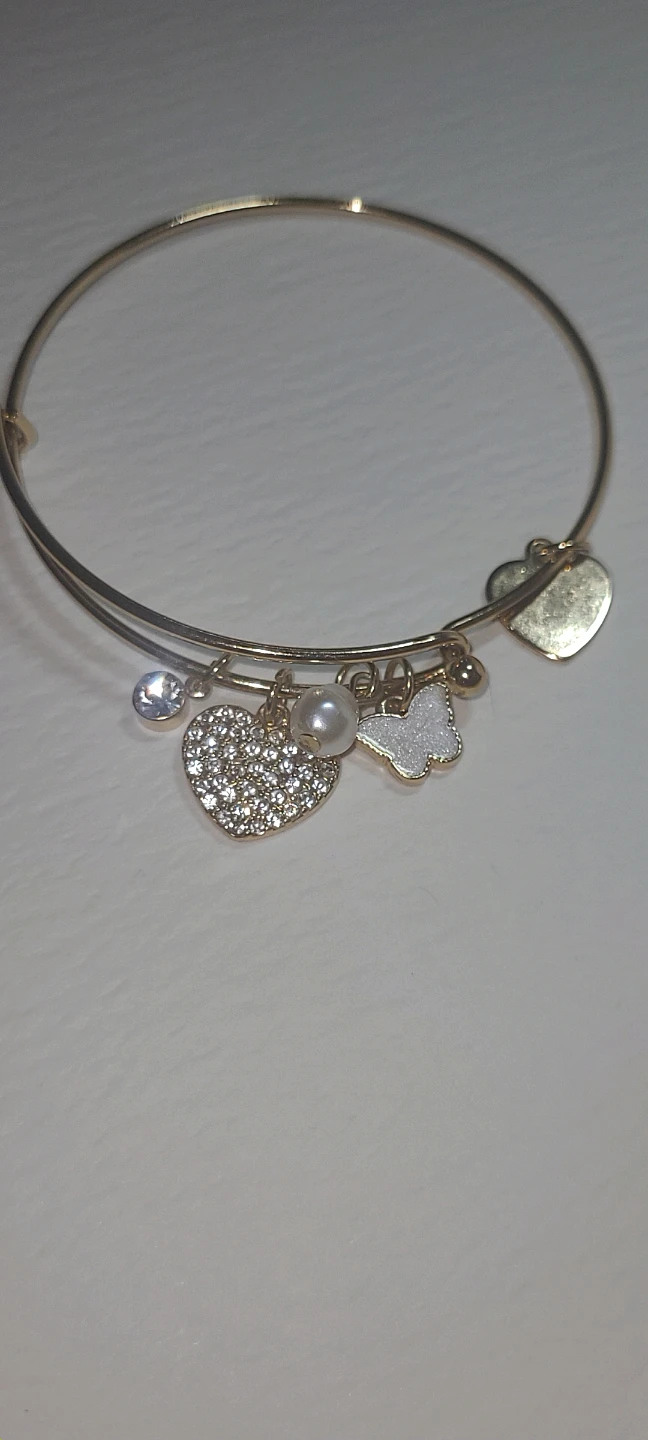 14k Gold Plated Bangle Bracelet with Heart and Butterfly Charms