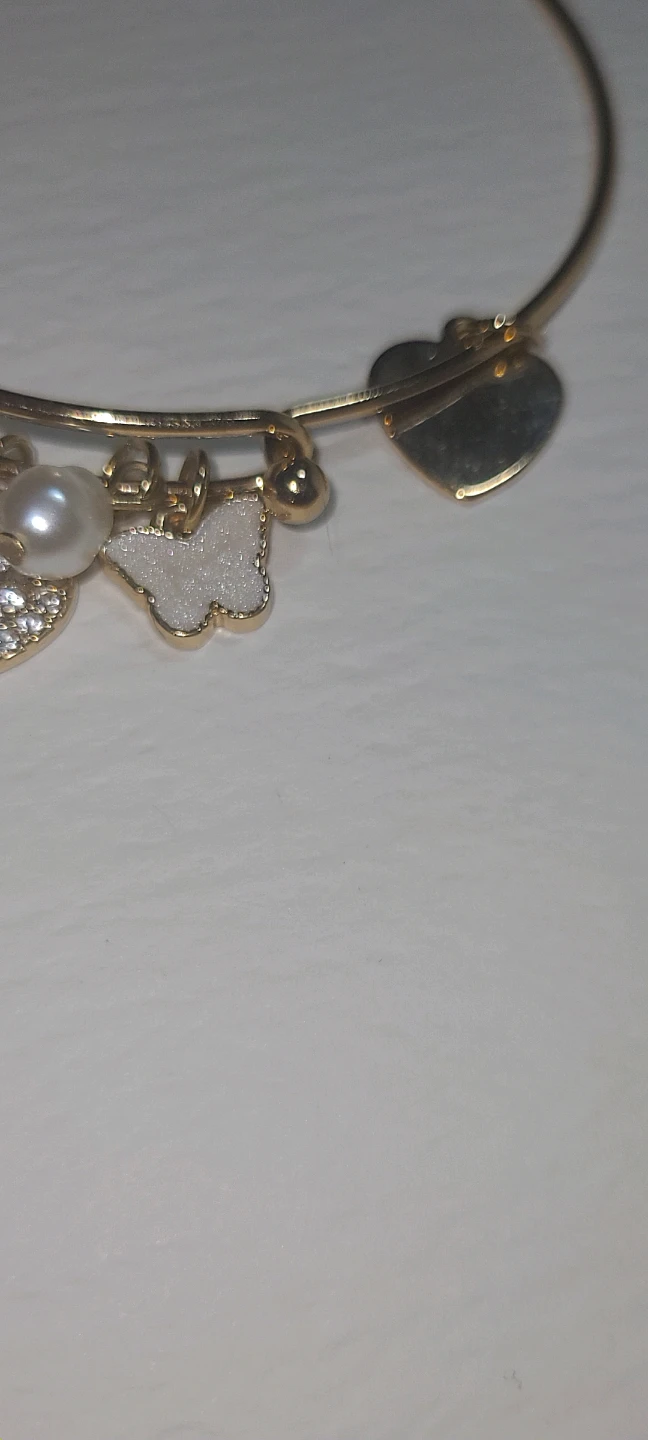 14k Gold Plated Bangle Bracelet with Heart and Butterfly Charms - photo 3