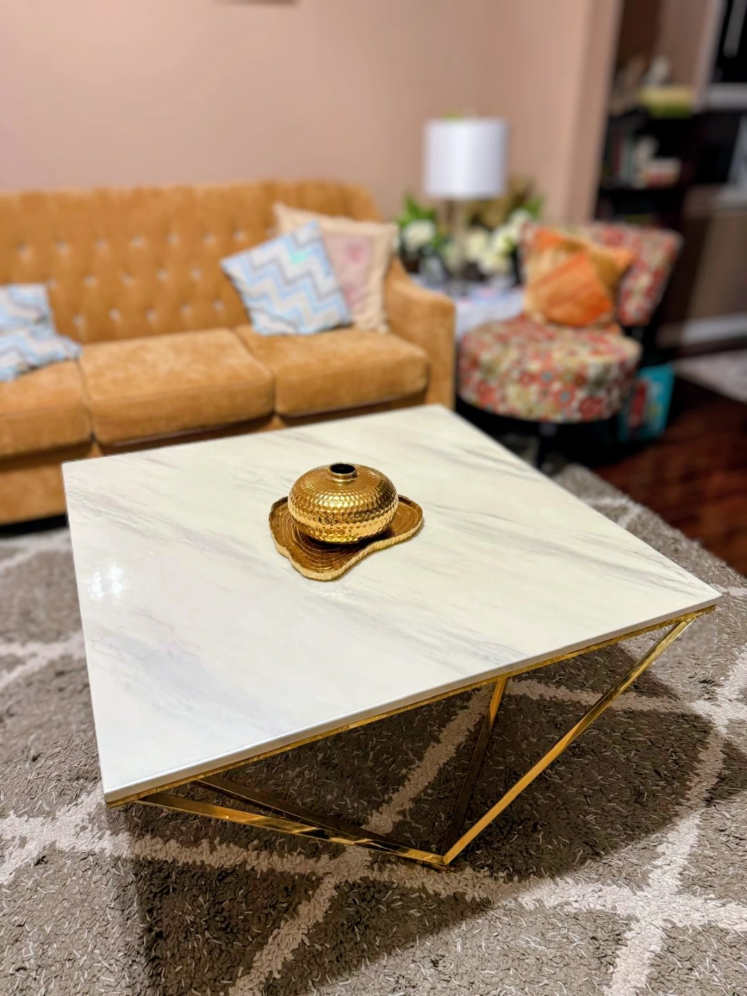 Modern Coffee Table with Marble Top and Gold Base