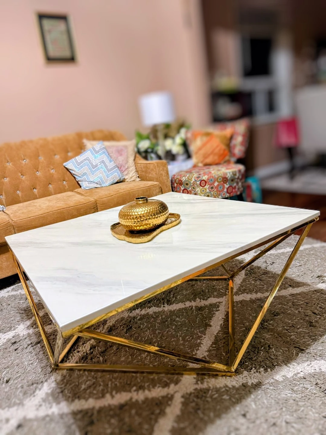 Modern Coffee Table with Marble Top and Gold Base - photo 3